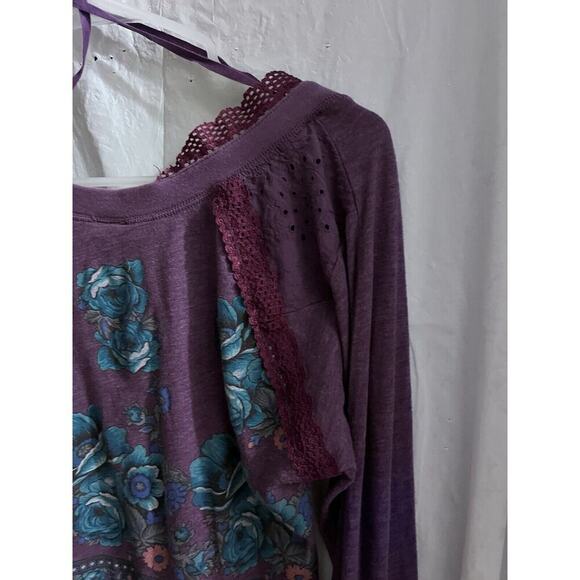 Free People Purple Floral Lace Trimmed Boho Tunic Lg Runs Small - Picture 9 of 11